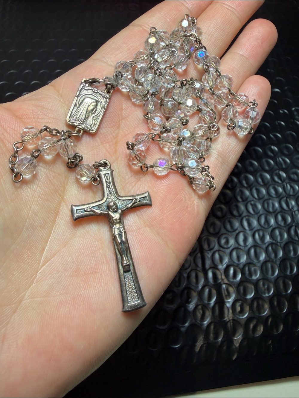 Silver  tone Crucifix Rosary Necklace with Clear Crystal Beads